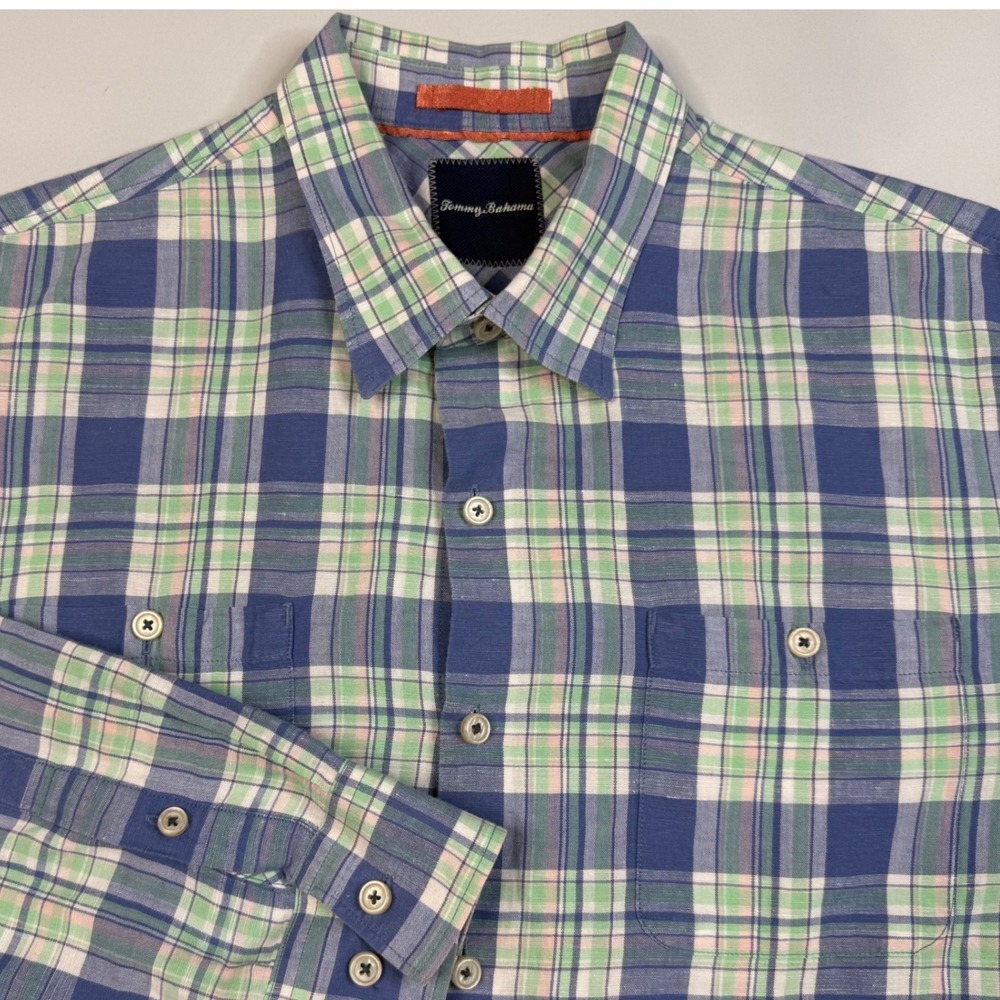 Tommy Bahama Button Up Shirt Mens XL Blue Green Plaid Linen Cotton Long Sleeve - Picture 1 of 9